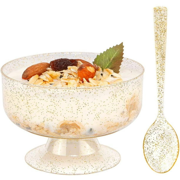 WDF 48pack 7oz Gold Glitter Medium Large Plastic Dessert Cups With Spoons-48 Disposable Ice Cream Plastic Cups /& 48 Gold Glitter Tasting Spoons